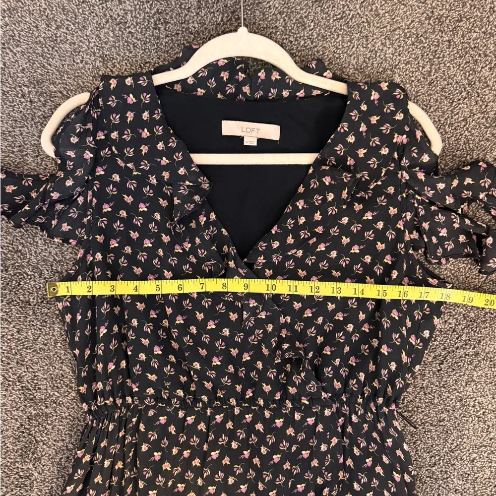 LOFT Black & Pink Midi Dress Faux Wrap Size Medium Cold Shoulder Missing Belt - Picture 10 of 12